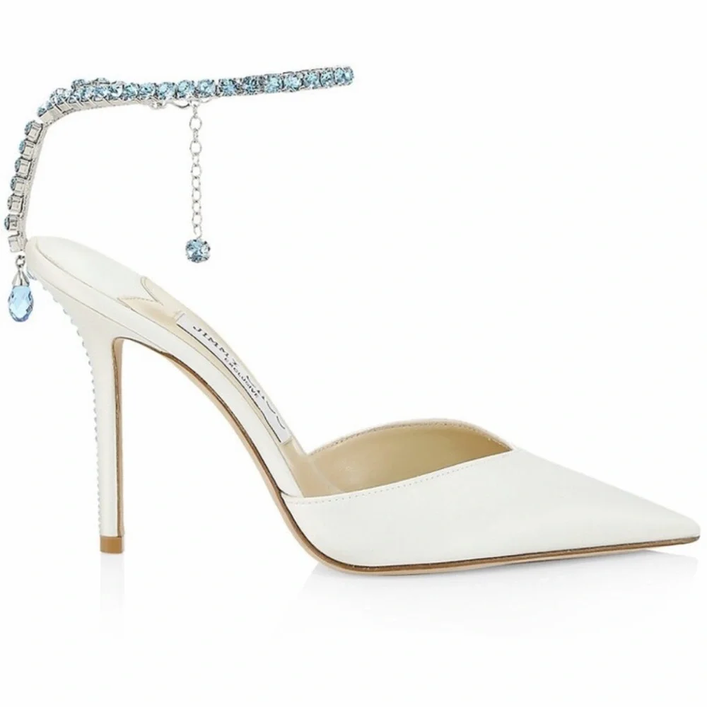 Jimmy Choo White Pointed Toe Crystal-Ankle Strap Stiletto Heels